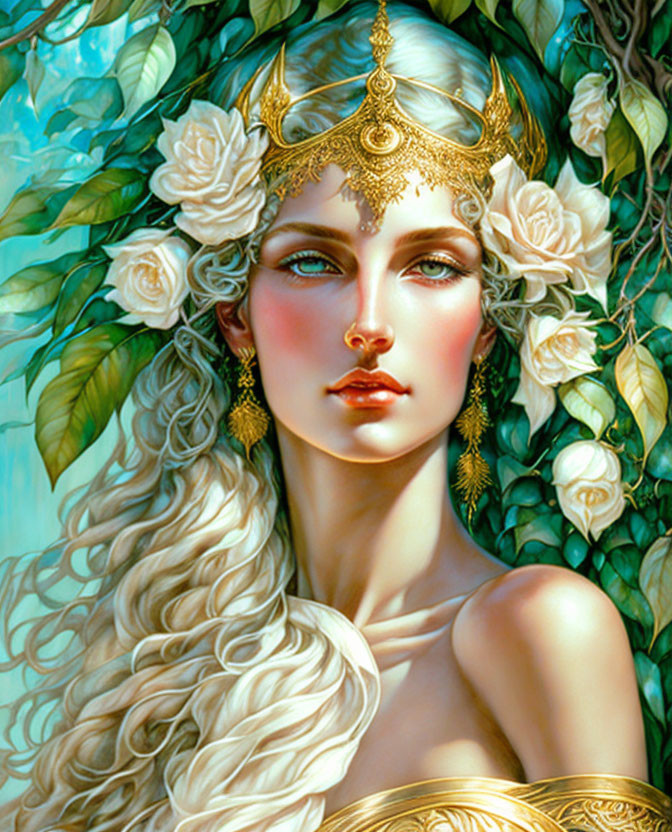 Ethereal woman with blonde hair, golden crown, surrounded by greenery and white roses