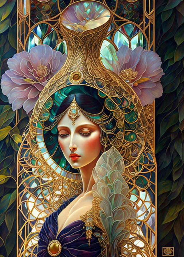 Opulent art nouveau woman with grand headdress & peacock feathers