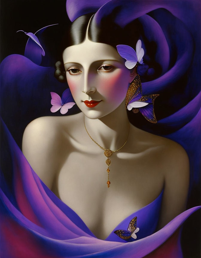 Surreal portrait of pale woman with dark hair in vibrant purple setting