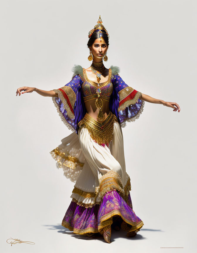 Elaborate Indian dance attire with gold embellishments on woman