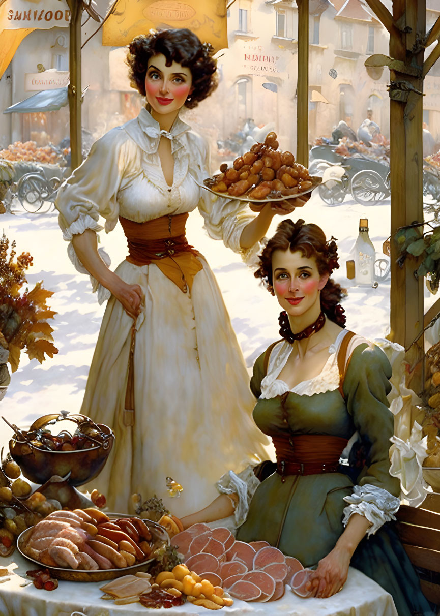 Vintage Attired Women Selling Baked Goods at Busy Market