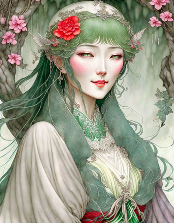 Illustration of Woman with Green Hair and Floral Head Accessories in Nature