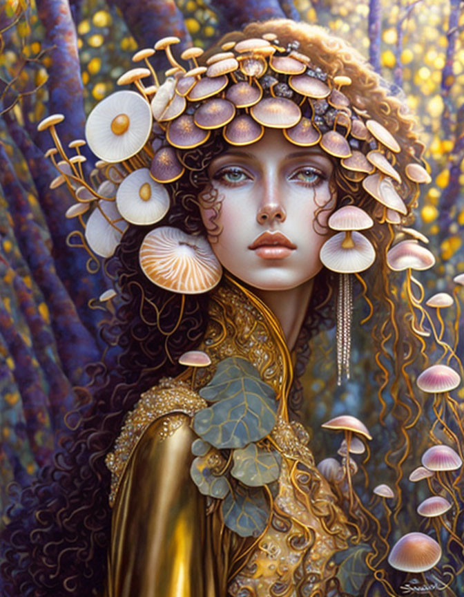 Surreal portrait of a woman with mushrooms and plants in mystical woodland