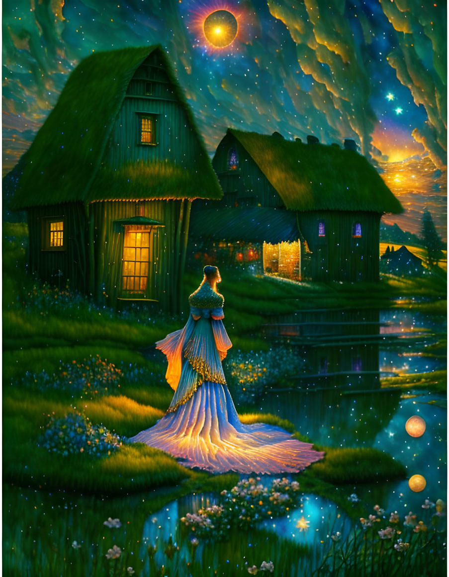 Person in Blue Dress by Reflective Lake under Starry Night Sky