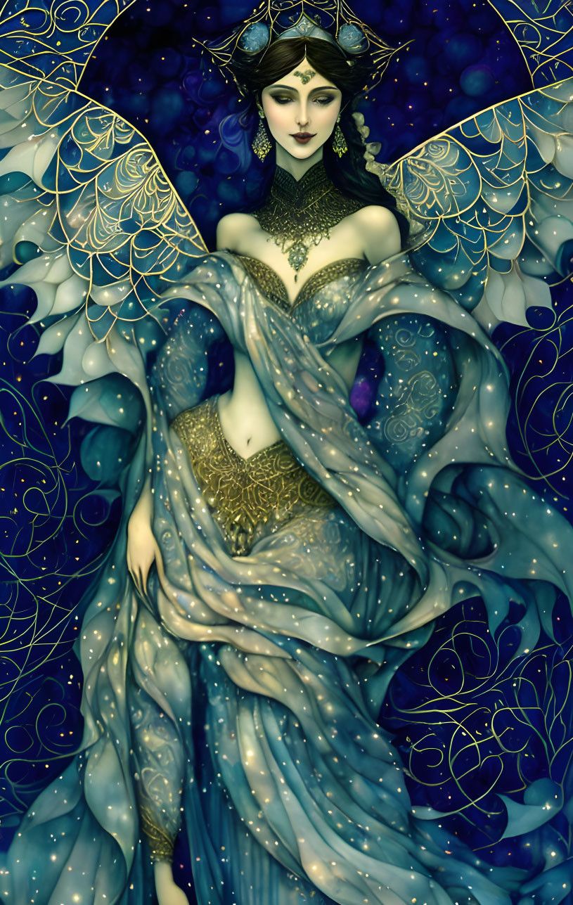 Ethereal figure with butterfly wings in starry blue gown