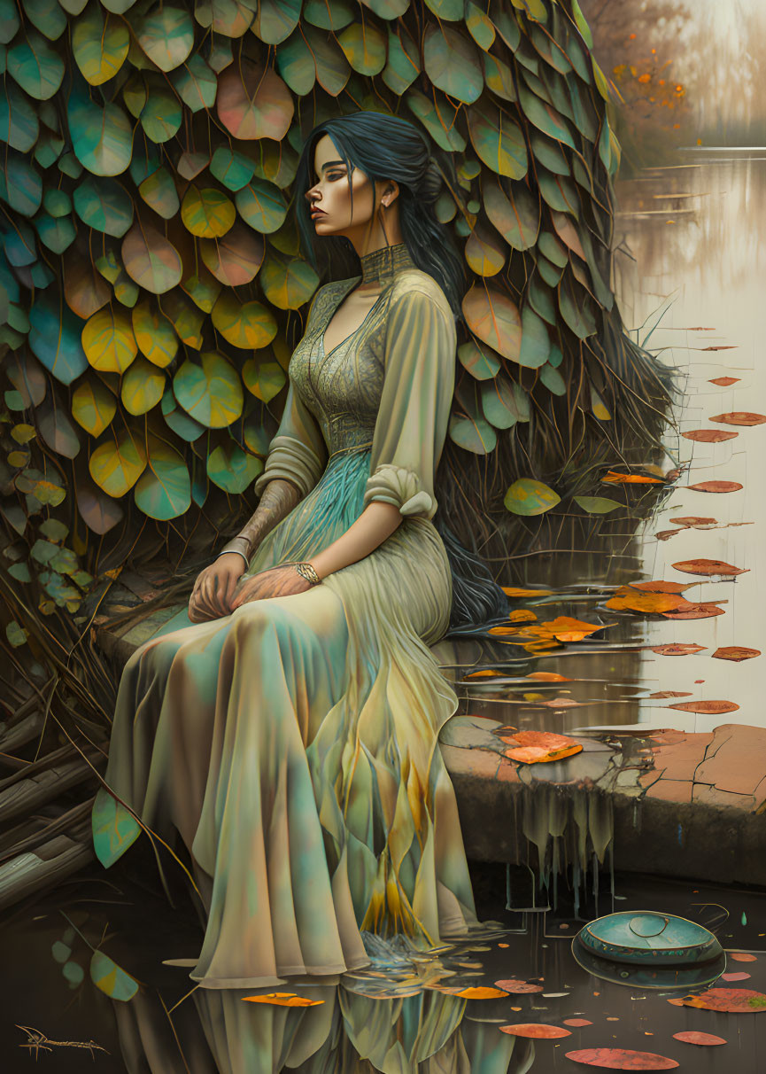 Illustrated woman on dock surrounded by water and surreal leaves in misty atmosphere