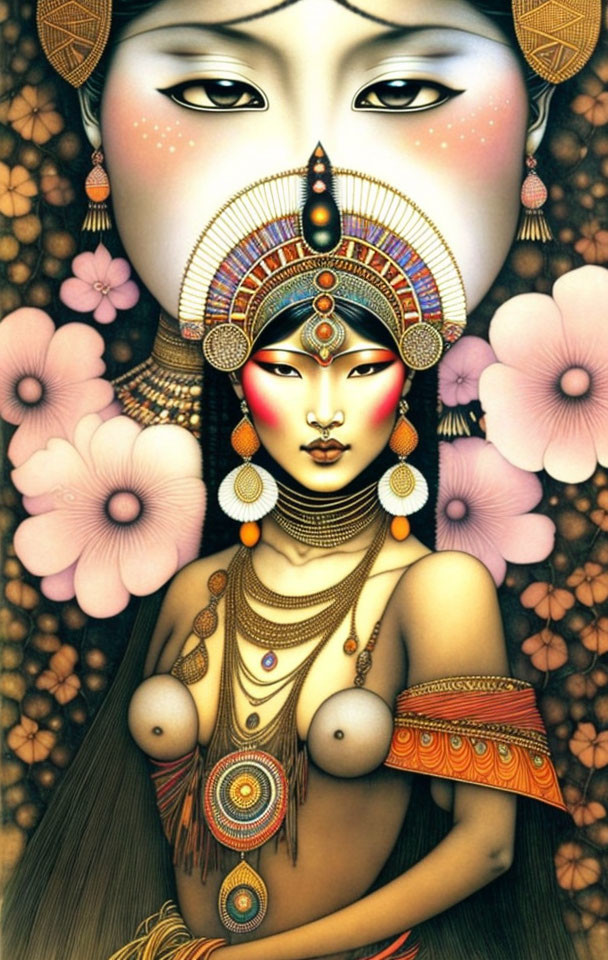 Stylized artwork of a woman with large eyes and ornate headdress