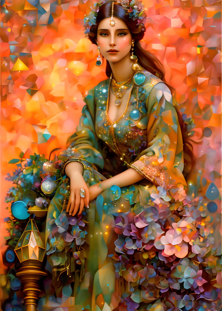 Brown-haired woman surrounded by jewels and flowers in a fantasy setting.