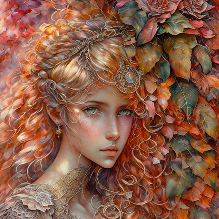 Illustrated portrait of girl with curly hair and autumn leaves background.