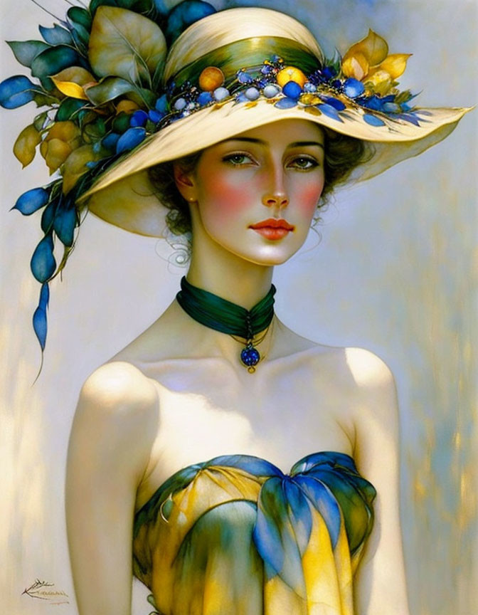 Illustrated portrait of a woman in wide-brimmed hat with floral adornments.