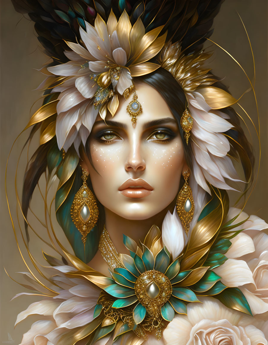 Detailed illustration of woman with elaborate headdress and striking features