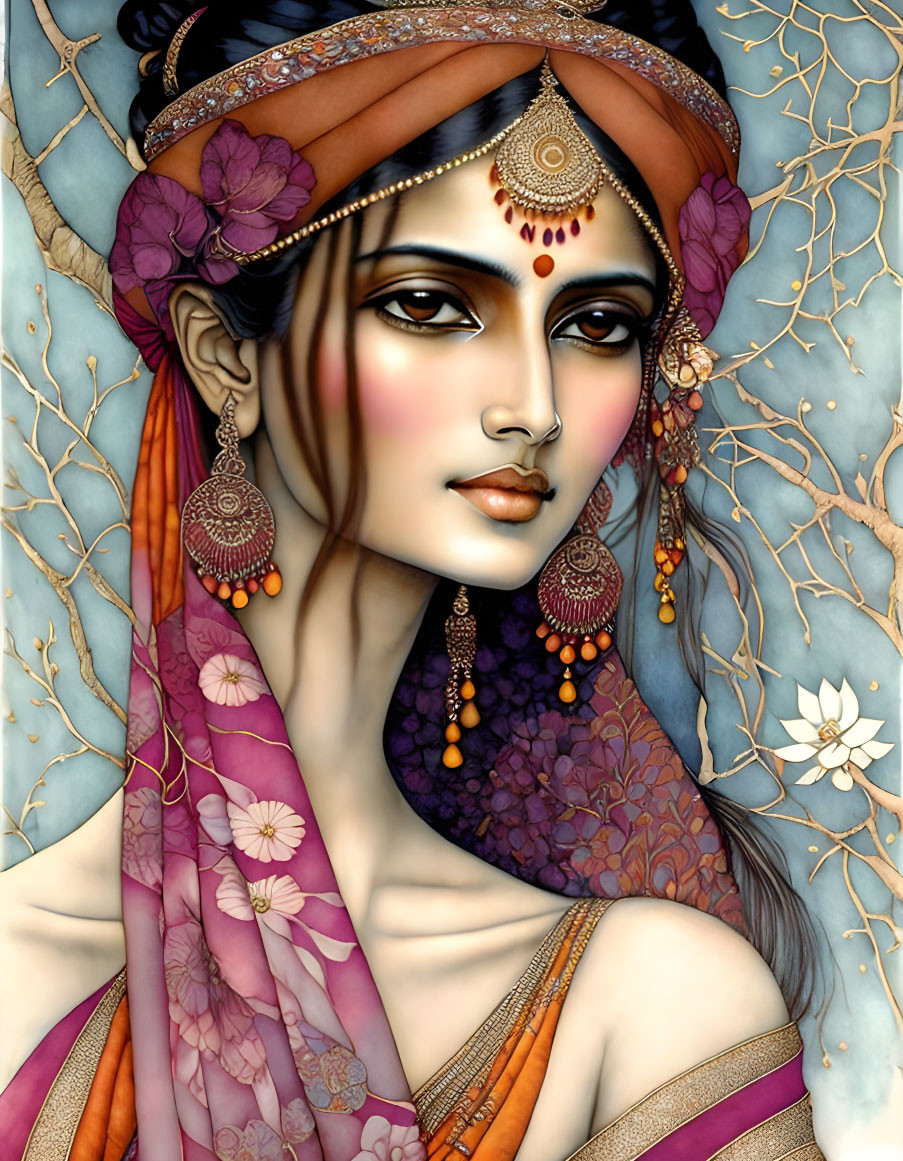 Detailed illustration of woman in ornate headpiece and jewelry, wearing purple scarf with floral patterns, against