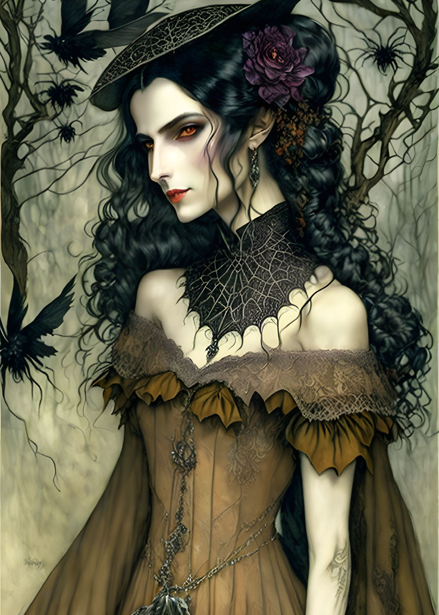 Gothic-style illustration of woman in Victorian attire with ravens and thorny branches