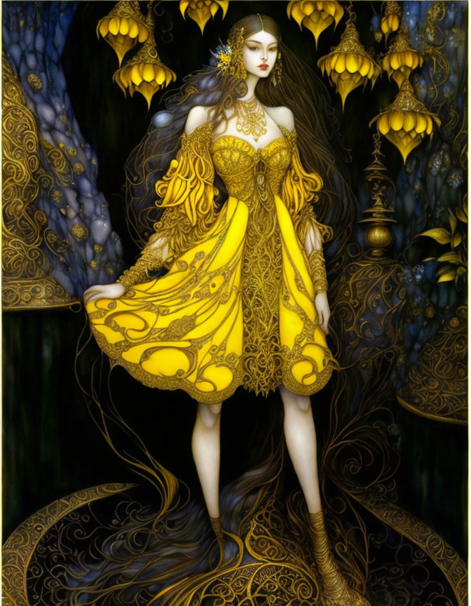 Illustration of woman in yellow gown with gold details in ornate floral garden