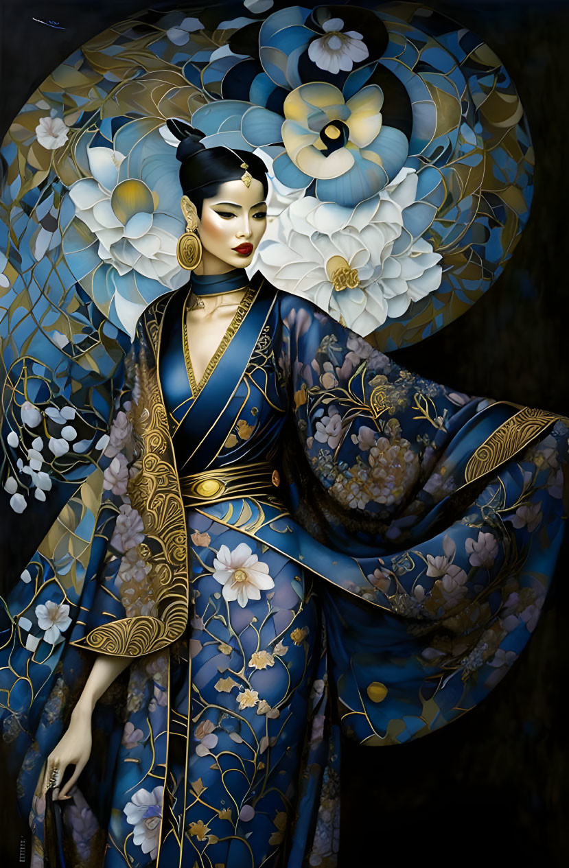 Traditional Japanese Attire Illustration with Floral Patterns