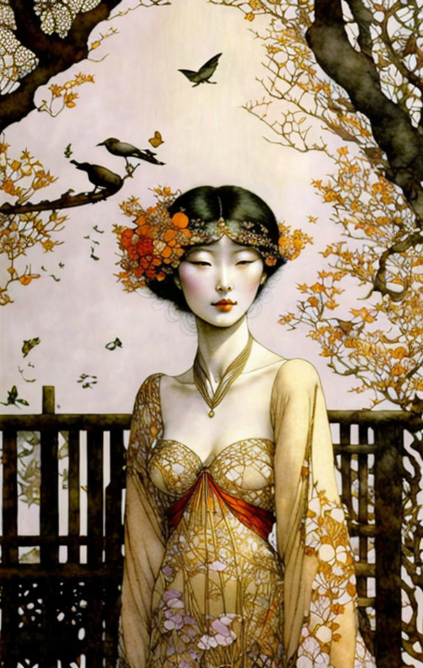 Portrait of elegant woman with Asian features among autumn leaves and birds