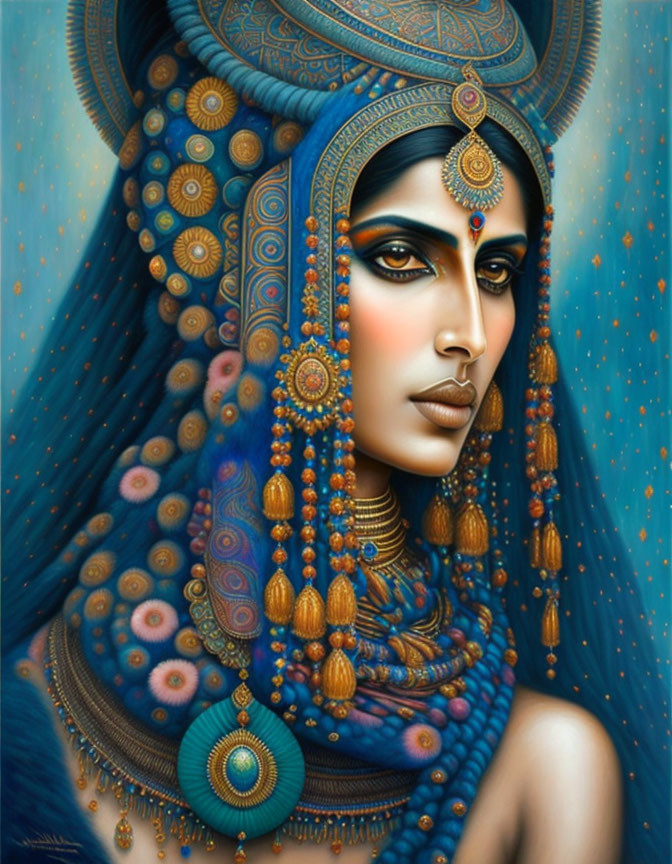 Detailed Traditional Indian Jewelry Artwork in Vibrant Blues and Golds