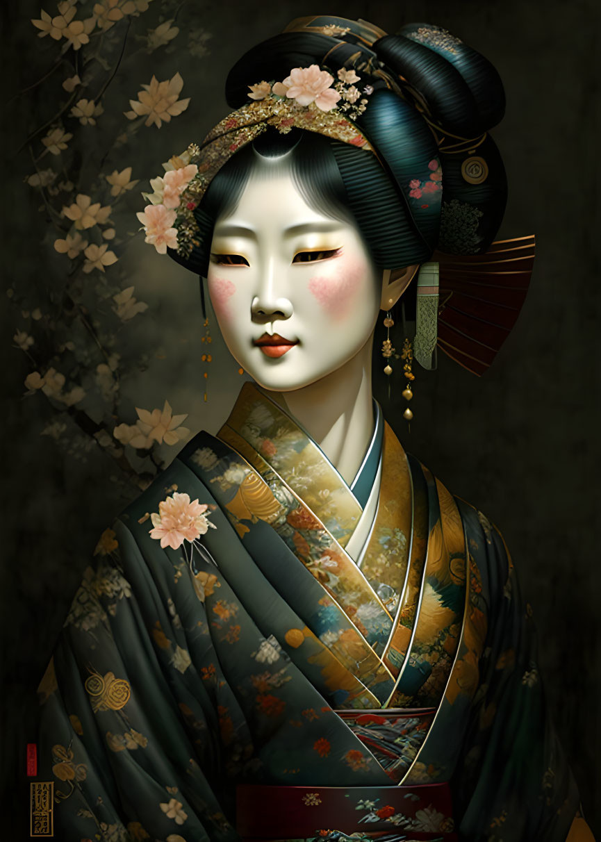 Traditional Japanese attire woman with elaborate hairstyle and cherry blossoms.