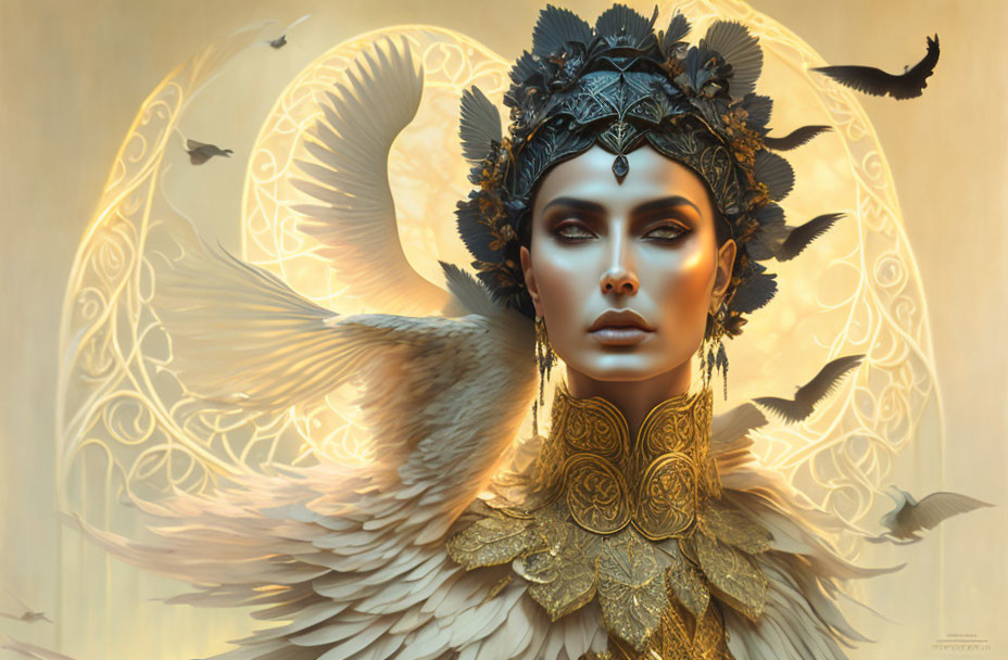 Fantastical portrait of a winged woman with golden headdress and glowing backdrop