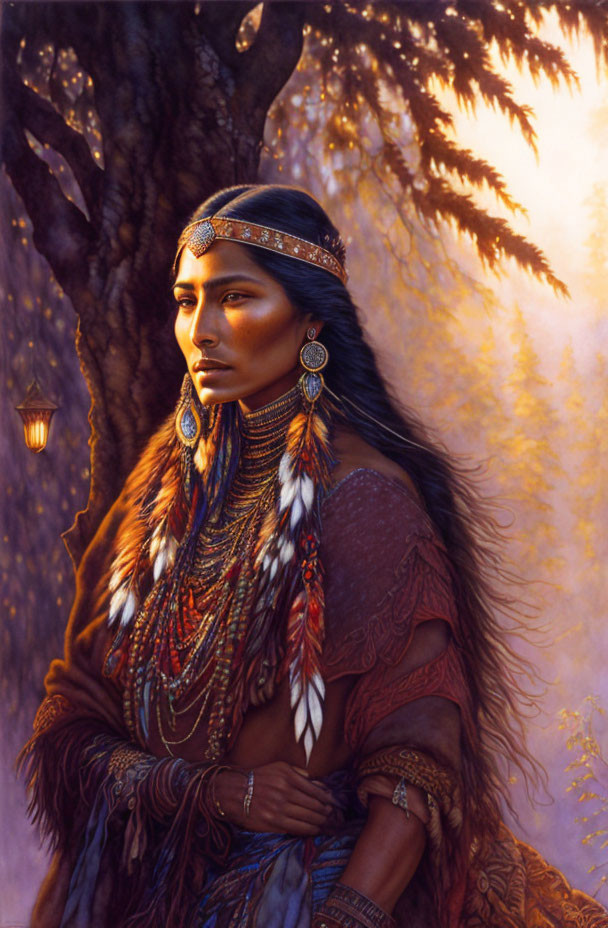 Traditional Native American Woman Painting at Sunset