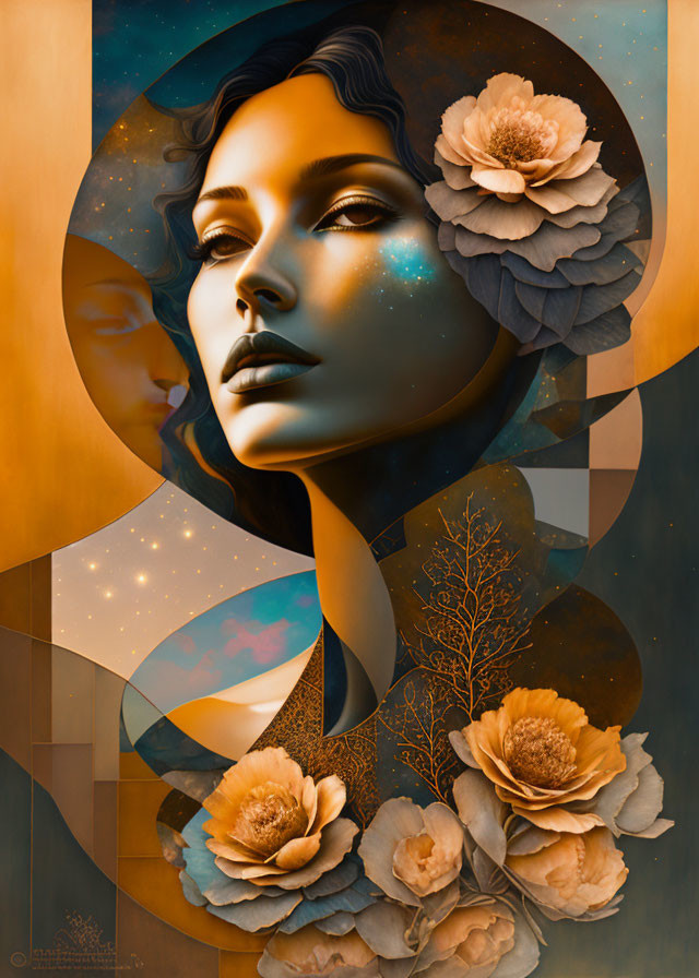 Cosmic and floral surreal portrait in warm tones