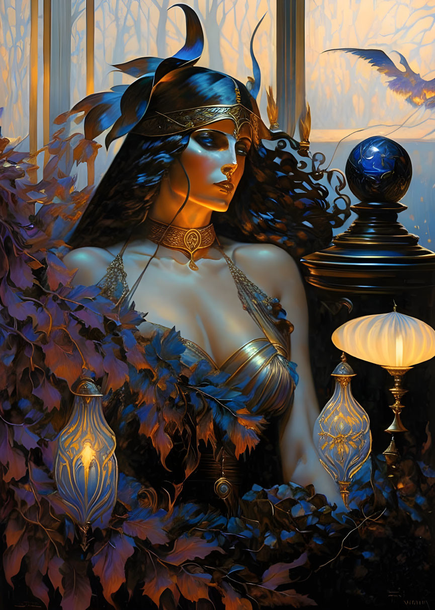 Illustrated woman in blue feathered attire with mystical ambiance and elegant lamps.