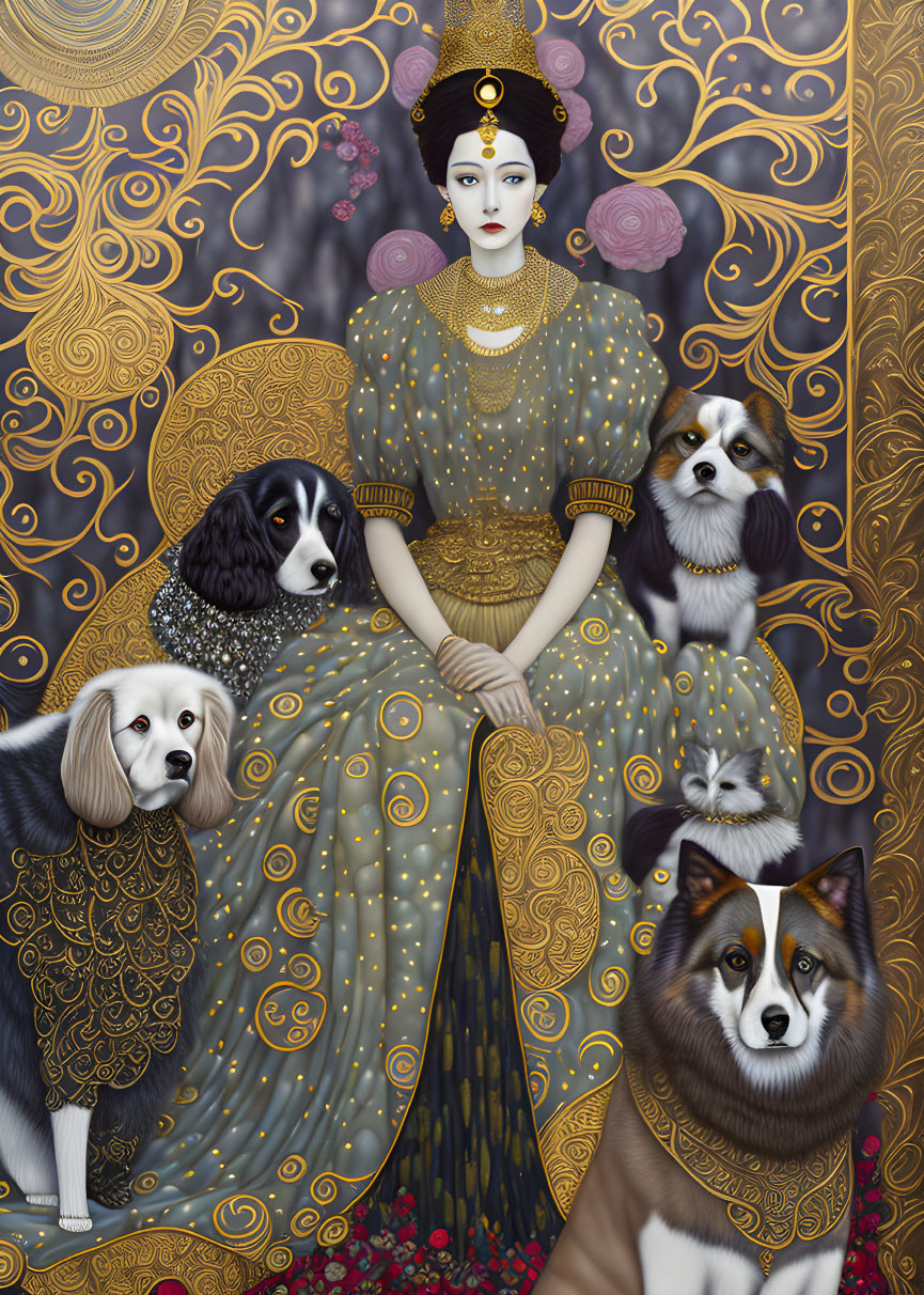 Regal woman in golden attire with five dogs on gold and purple background