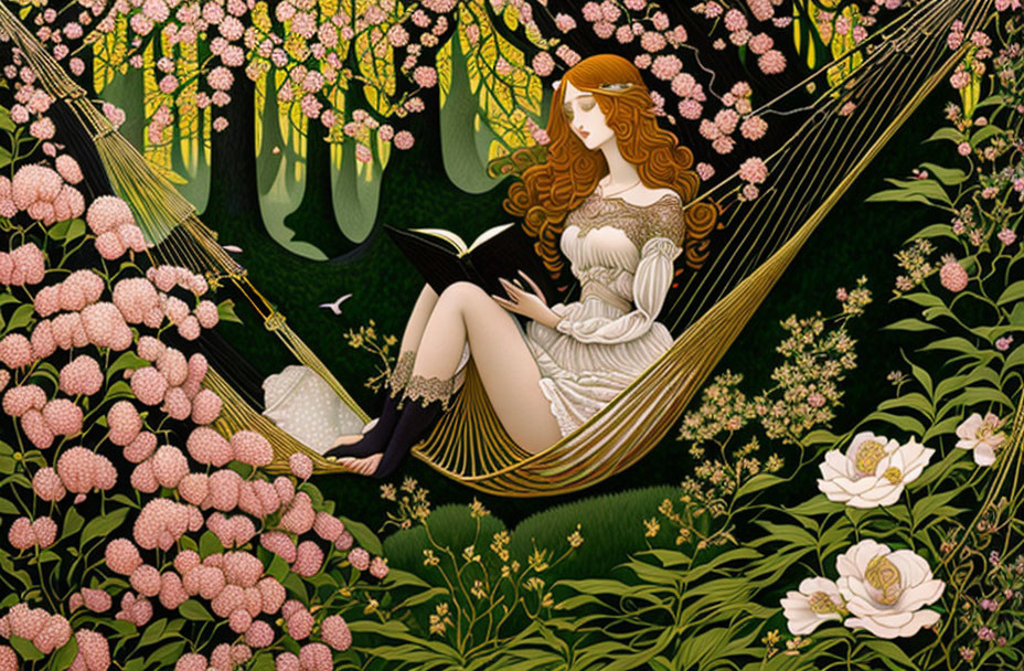 Woman with Long Wavy Hair Reading Book in Hammock Amid Lush Greenery