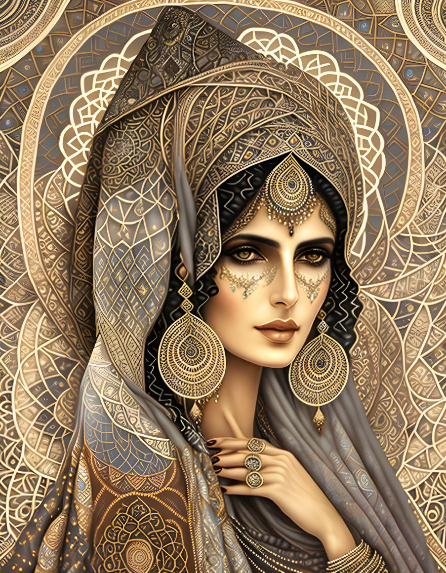 Intricate Gold Jewelry and Henna Designs on Woman Against Mandala Background