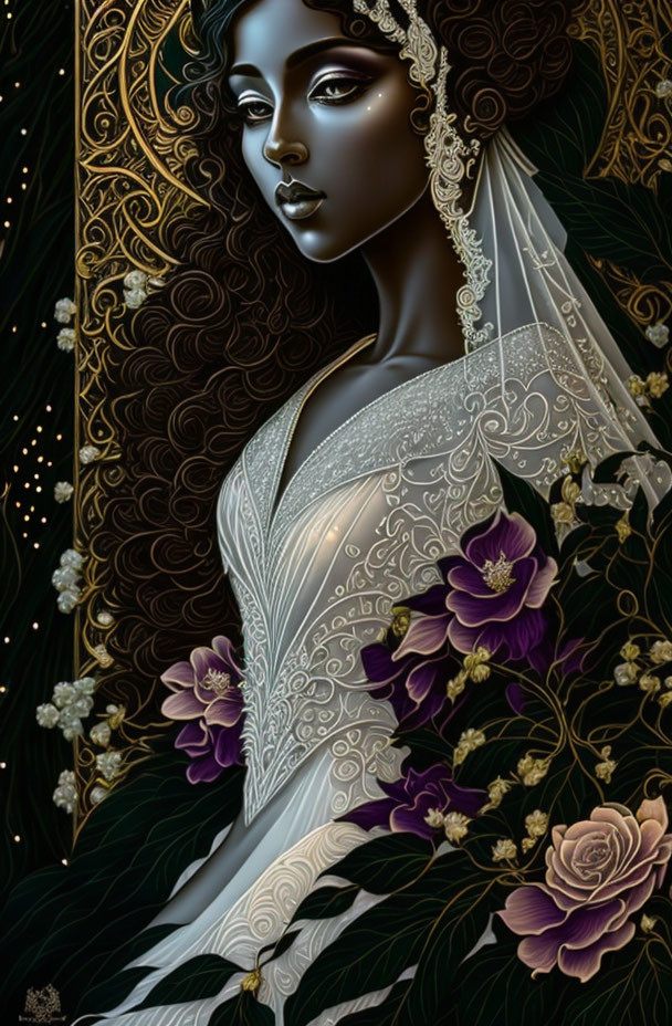 Digital artwork: Woman in white dress with purple flowers on black background