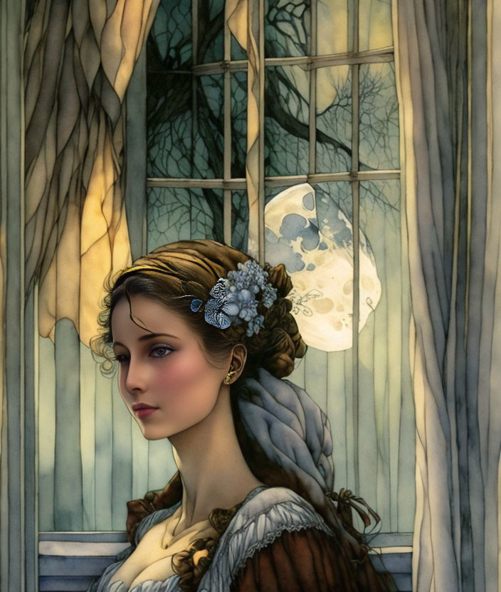 Illustrated woman with braid and blue flowers by window next to luminous skull.