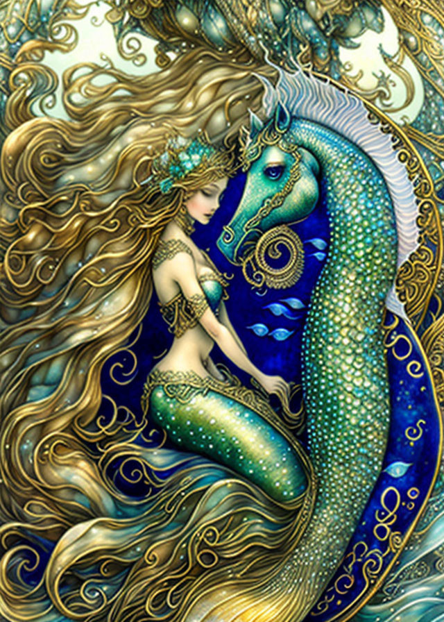 Mermaid with golden hair holding sea horse in oceanic swirl