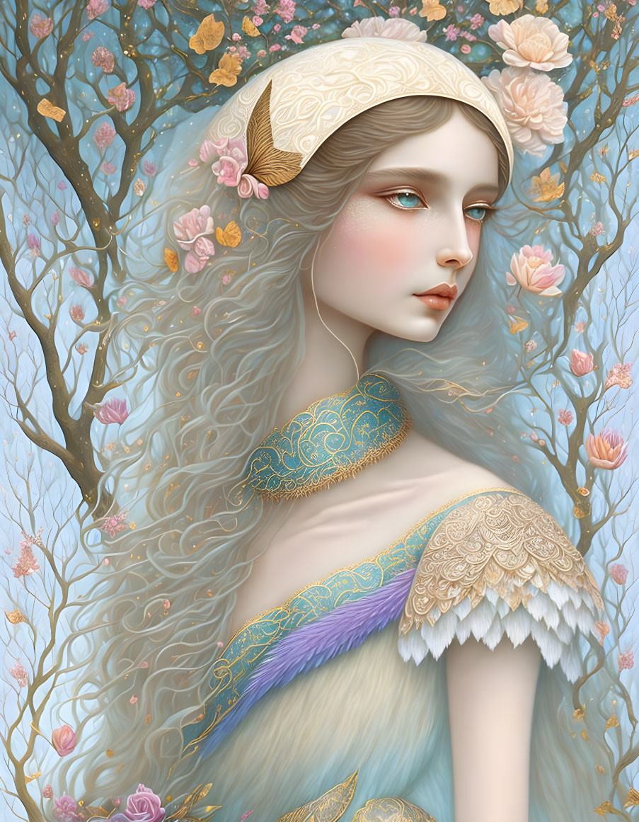 Ethereal woman with wavy hair, gold tiara, and ornate jewelry in blossoming