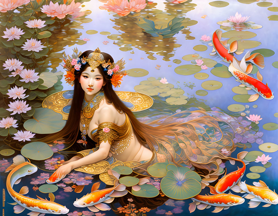 Illustrated woman with mermaid features in gold and floral adornments among lotus flowers and koi