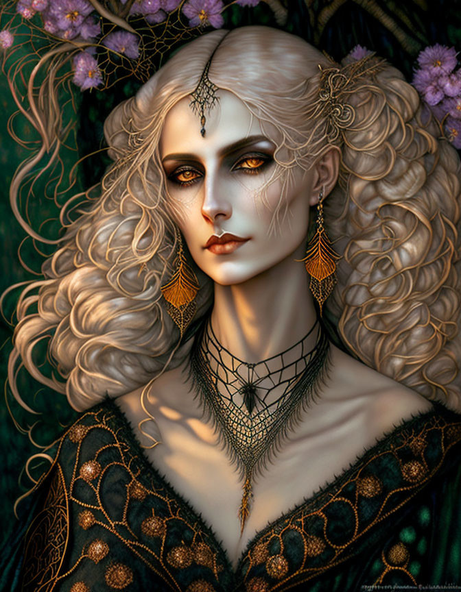 Illustration of pale woman with wavy hair, intricate earrings, dark clothing, and web-like necklace