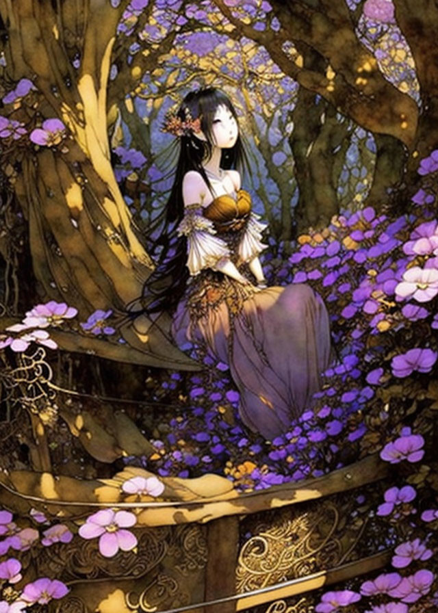 Woman with Dark Hair Surrounded by Purple Flowers and Trees