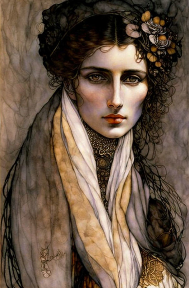 Illustrated portrait of woman with dark hair and gold ornaments, wrapped in cream and brown shawl