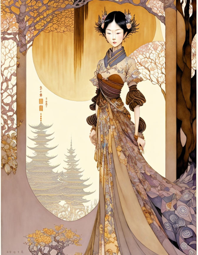 Detailed Japanese attire illustration against autumn backdrop.