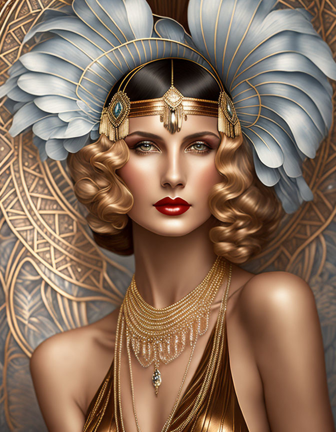 Illustrated woman in Art Deco style with golden jewelry and blue feathered headdress