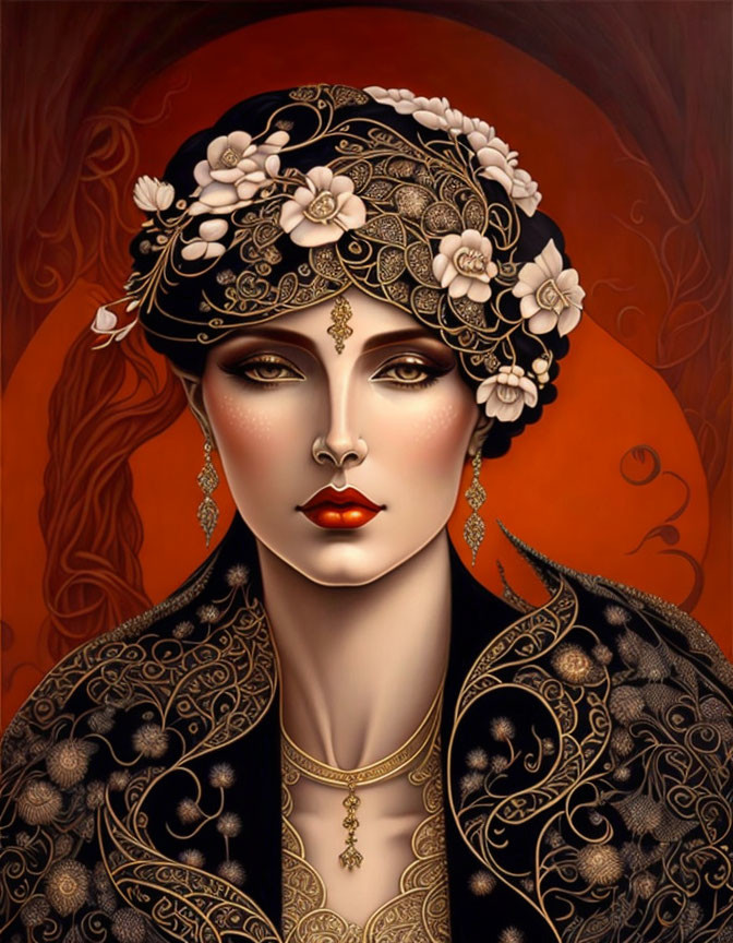 Intricate headwear and golden jewelry on woman in detailed black attire