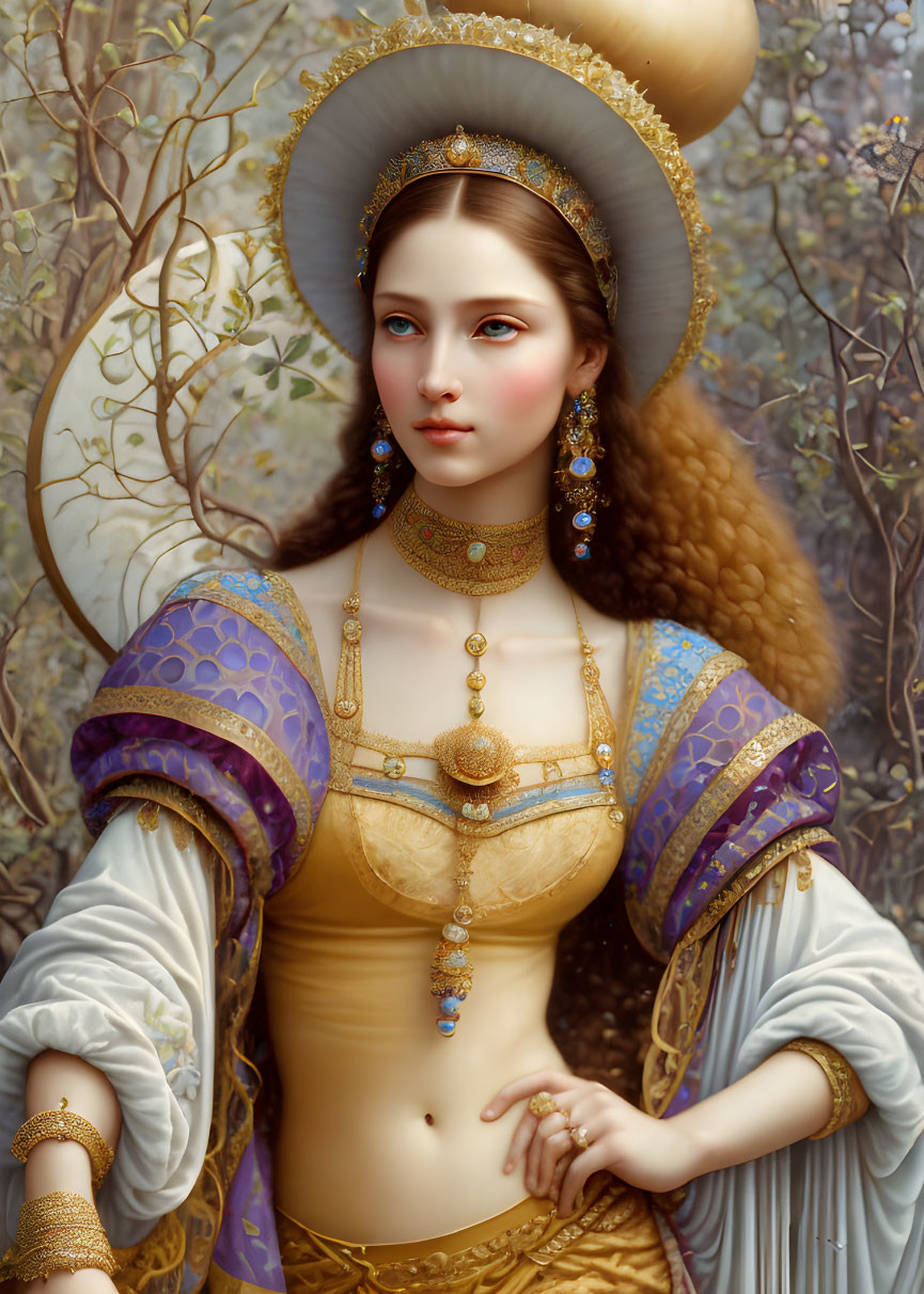 Serene woman in ornate golden gown and hat with blue details and jewelry in intricate natural setting