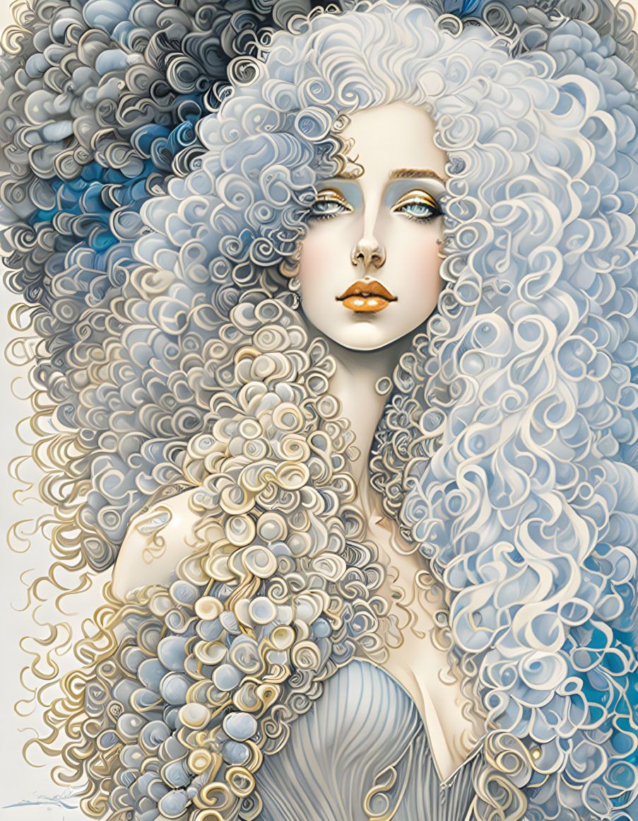 Illustration of woman with voluminous blue & white curly hair, gold accents on skin & lips