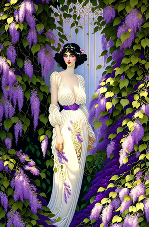 Illustrated woman in white and gold Grecian dress among purple wisteria blooms