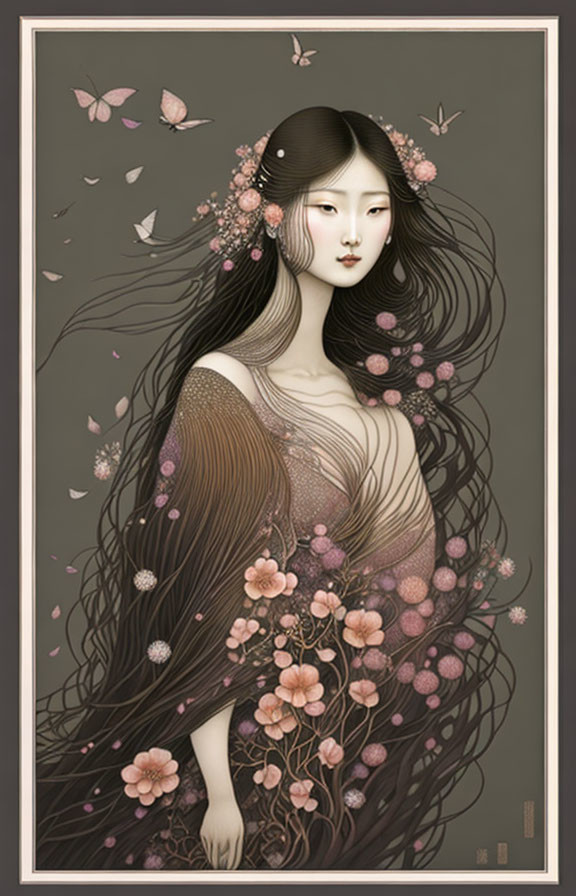 Ethereal woman with flowing hair and pink blossoms in serene setting