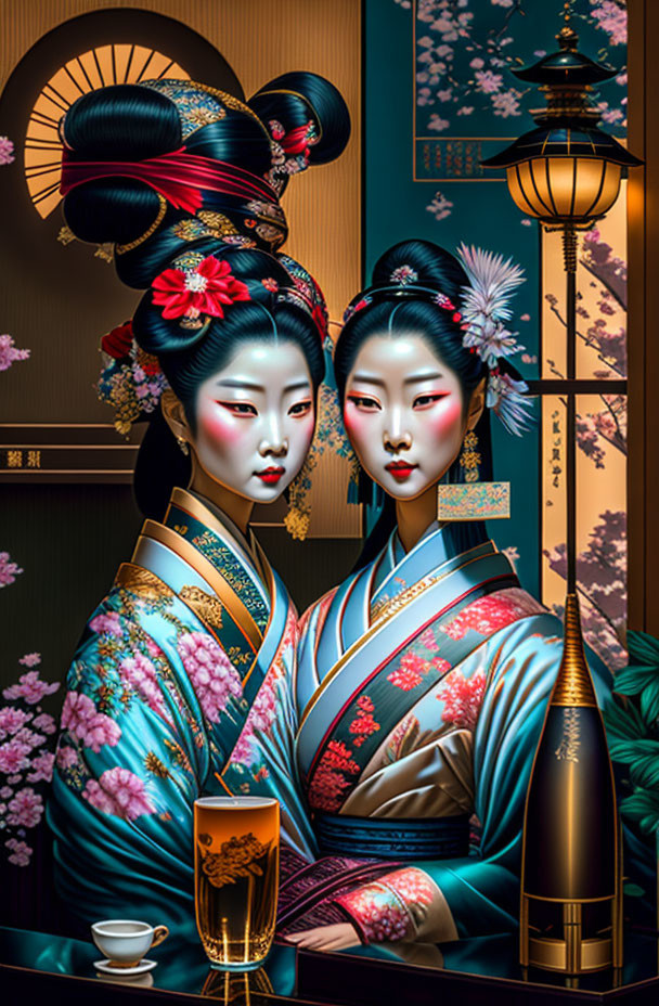 Geisha figures with elaborate hairstyles in traditional kimonos near cherry blossom tree at night