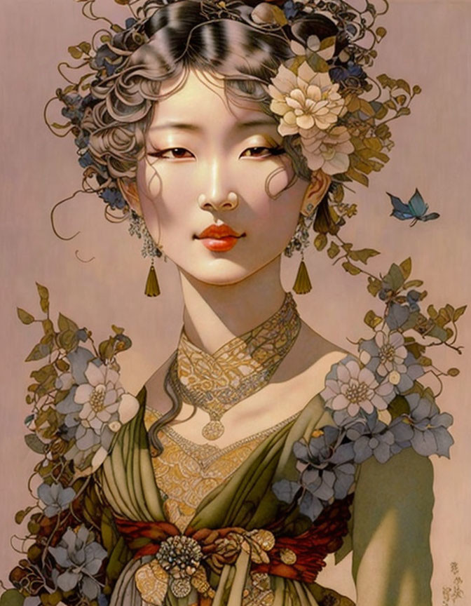 Woman with serene expression, adorned with flowers, butterfly, and intricate jewelry.