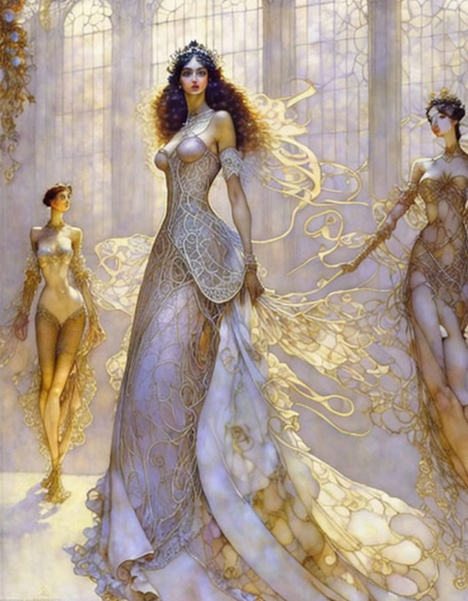 Woman in ornate gown with ethereal figures in golden backdrop