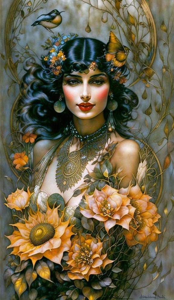 Dark-haired woman adorned with flowers, butterflies, and jewelry in ornate gold frame.