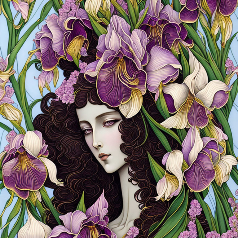 Illustration of woman with dark hair among purple and pink orchids on blue background