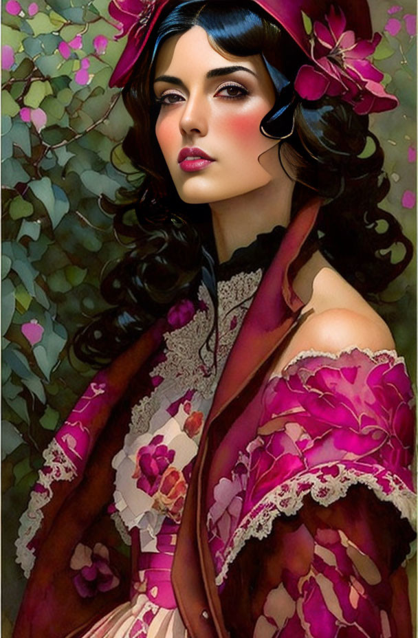 Digital artwork: Woman with dark hair, striking makeup, adorned with flowers, floral dress.